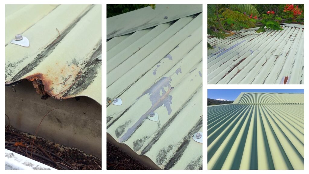 ensemble d'images montrant une toiture en tole rénovée et une tole non rénovée, afin d'expliquer les étapes de la prestation de renovation de toiture en guadeloupe